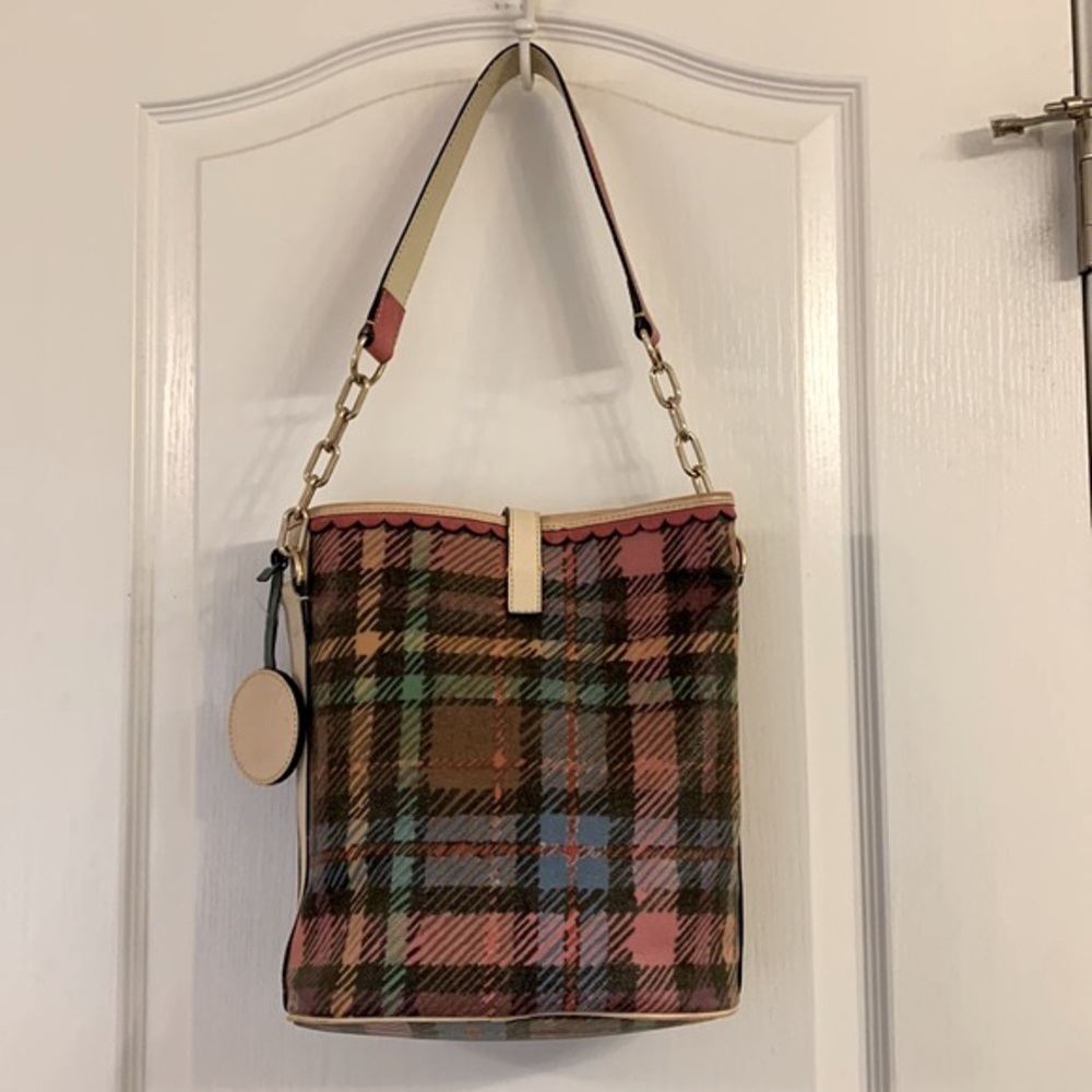 Dooney & Bourke Plaid Shoulder Bucket Chain Handbag - Picture 2 of 12